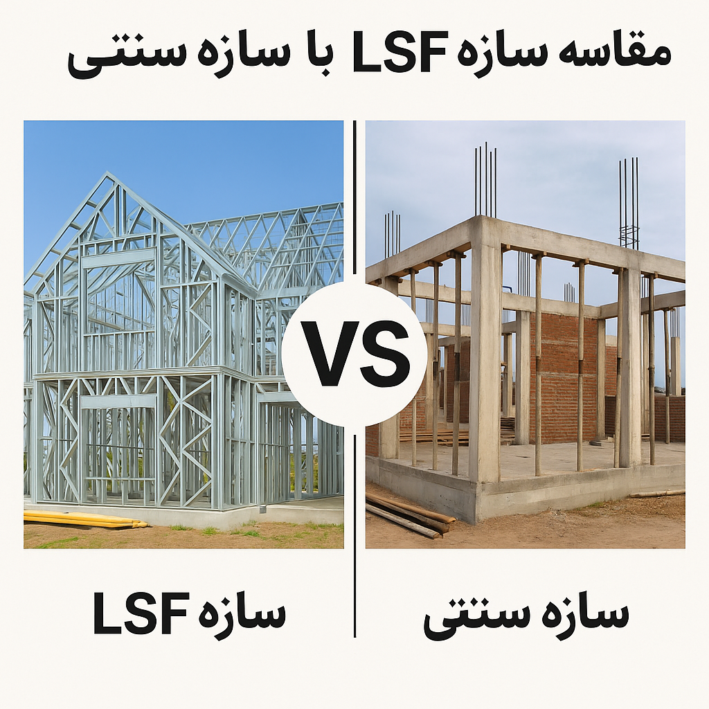 مقایسه تصویری سازه LSF با سازه سنتی؛ قاب سبک فولادی در مقابل اسکلت بتنی سنتی در حال ساخت